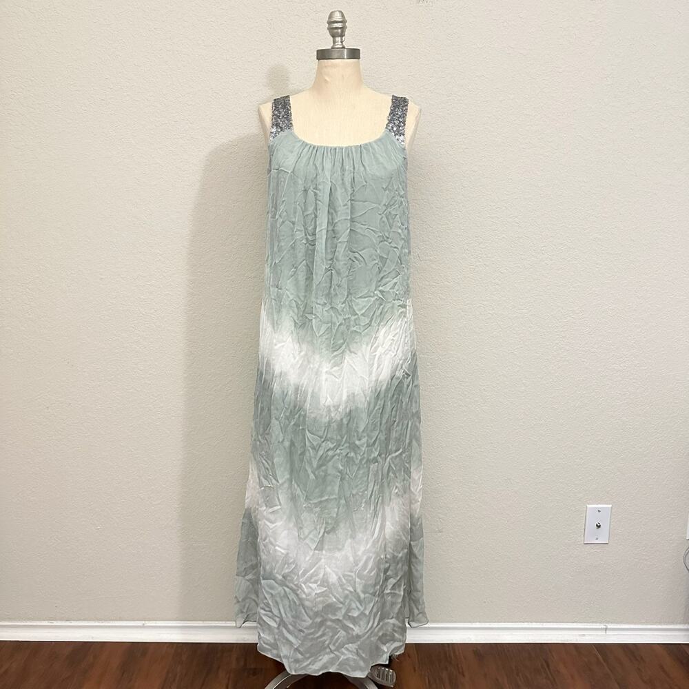 SOFT SURROUNDINGS Maxi Dress Sage Green Ombre Tie Dye Silk Sequin
